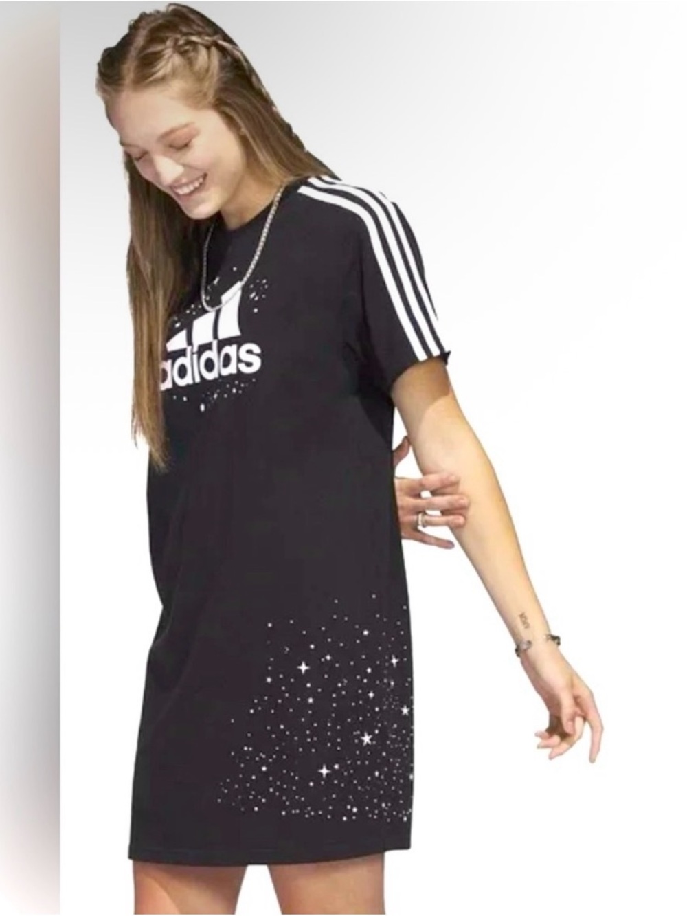 adidas Celestial sz M women Black Short Sleeve Logo Tee with White Stars